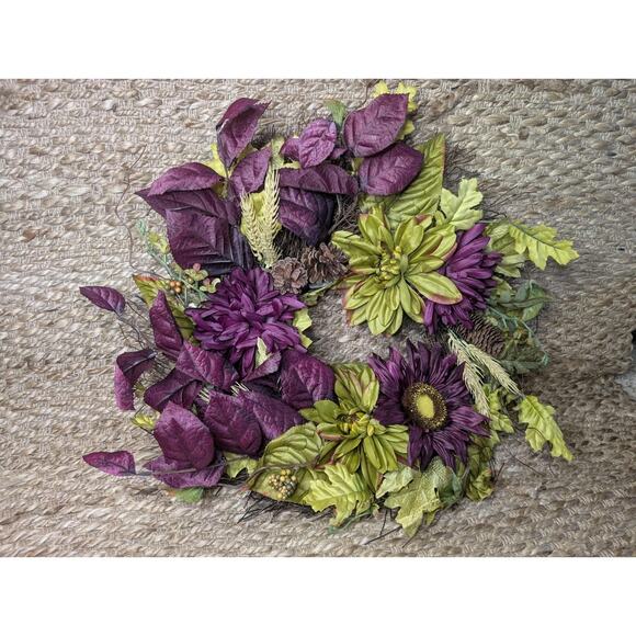 Purple Floral Leaf Twig 24" Pinecones Artificial Wreath Fall Autumn - Picture 4 of 11